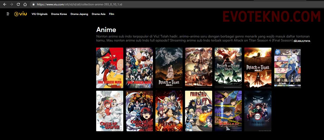 Halaman kategori anime di VIu