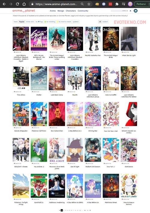 Halaman watch anime online di Anime Planet