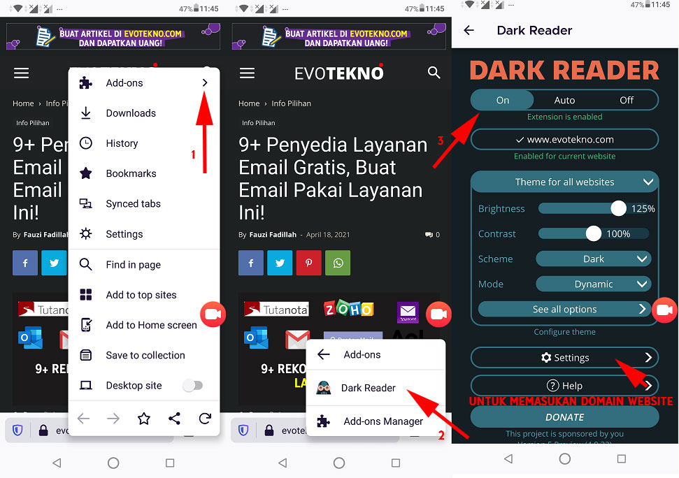 Dark Reader - Ekstensi Browser Firefox versi android (mobile)