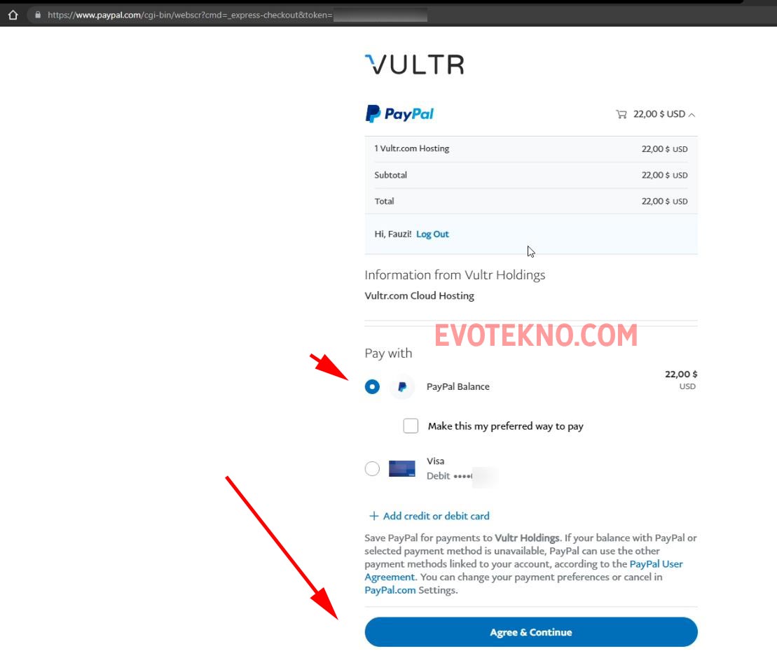 Agree and Continue - PayPal VULTR