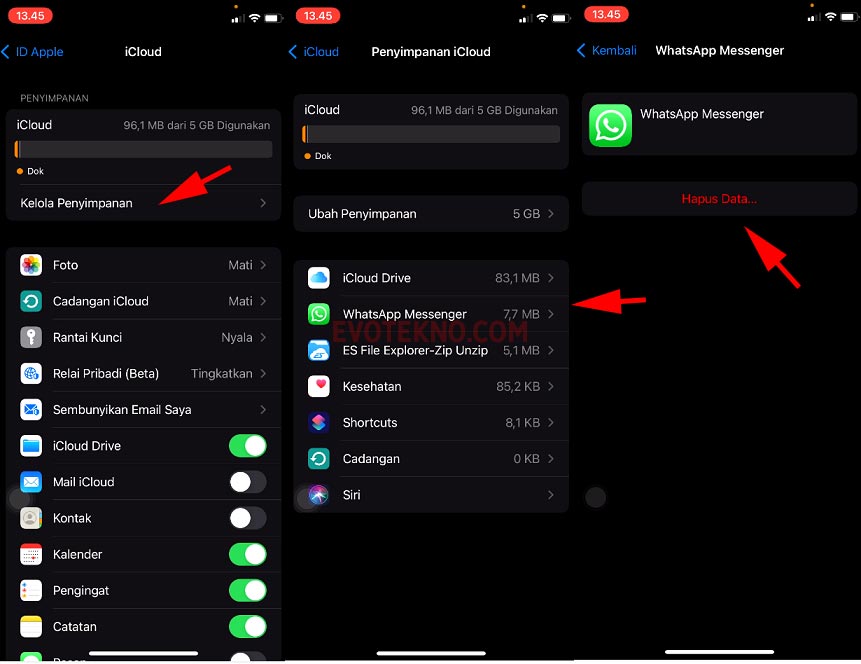iCloud - Kelola Penyimpanan - Hapus Data Aplikasi WhatsApp