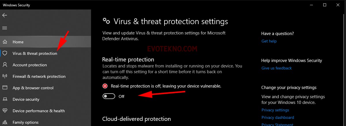 Windows Security, disable real-time protection
